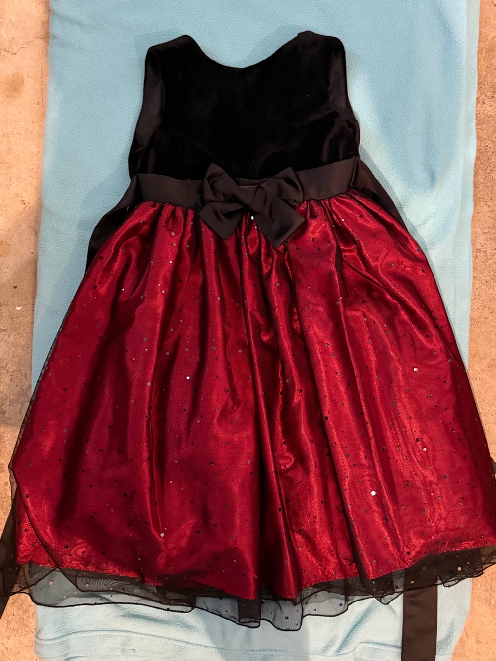 girls Black Velvet & Burgundy Sequin Holiday Dress with Bow